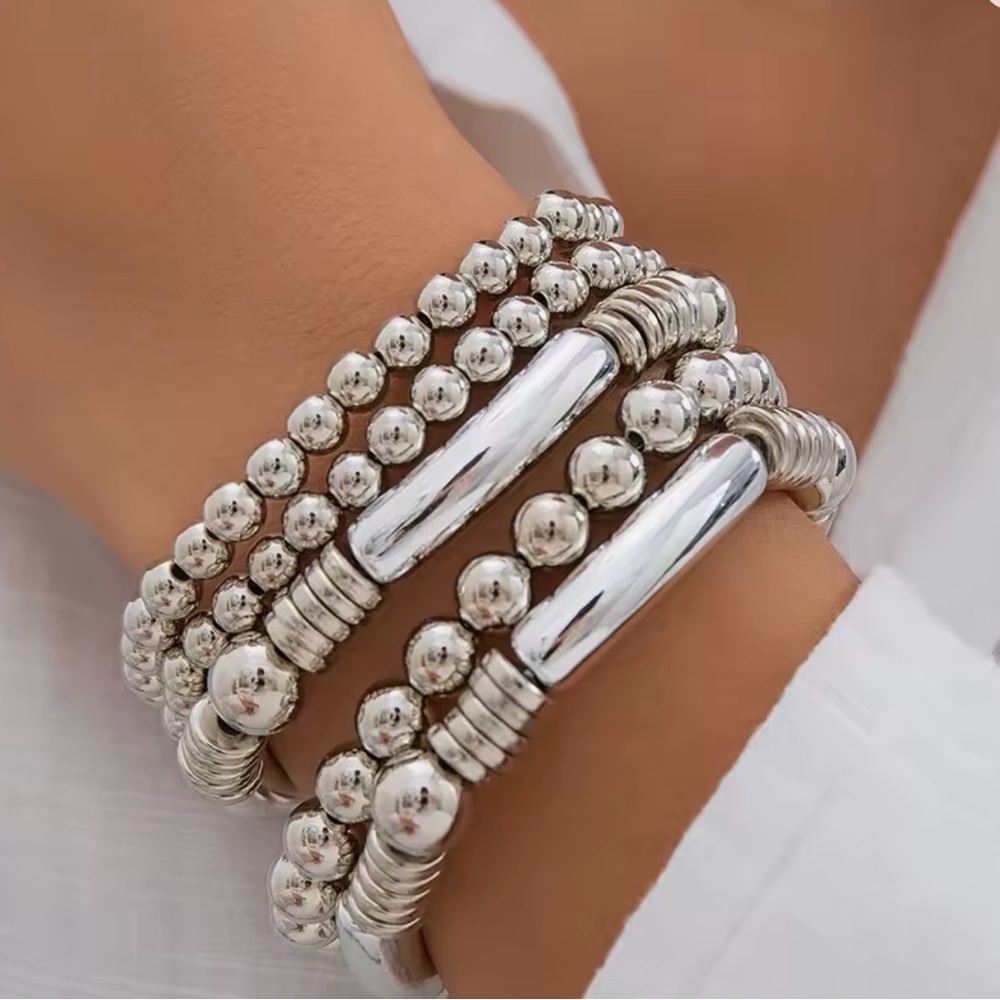 NEWElegant Silver Beaded Bracelet Set